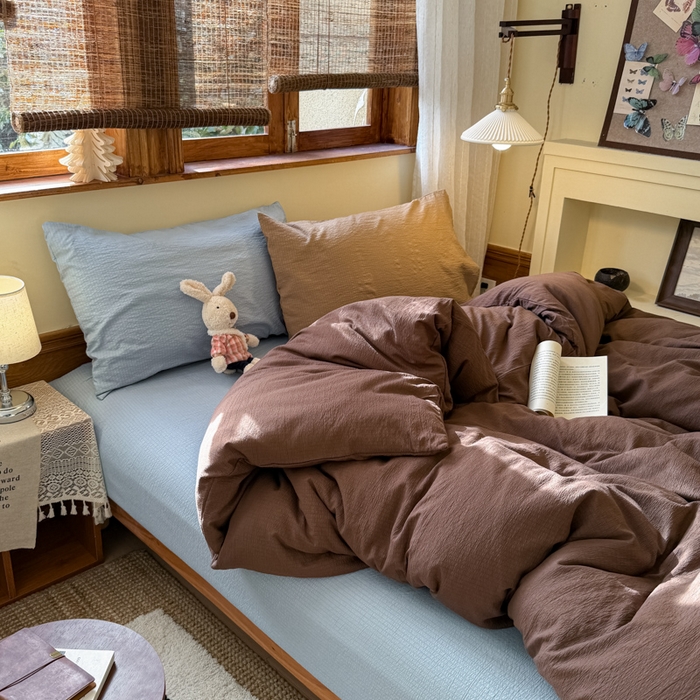 91家纺网 家纺一手货源 找家纺 港岛妹妹 2026新款云感纱混搭纯色双拼四件套 混搭 夏日栗色