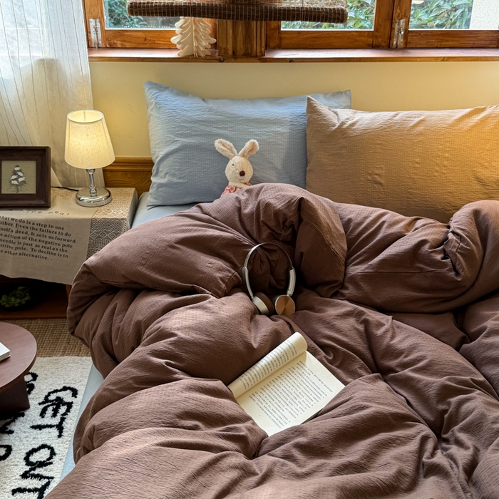 91家纺网 家纺一手货源 找家纺 港岛妹妹 2026新款云感纱混搭纯色双拼四件套 混搭 夏日栗色