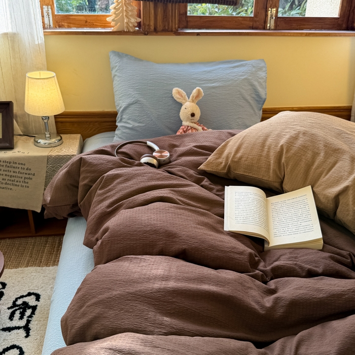 91家纺网 家纺一手货源 找家纺 港岛妹妹 2026新款云感纱混搭纯色双拼四件套 混搭 夏日栗色