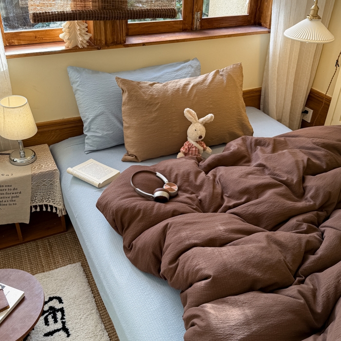 91家纺网 家纺一手货源 找家纺 港岛妹妹 2026新款云感纱混搭纯色双拼四件套 混搭 夏日栗色