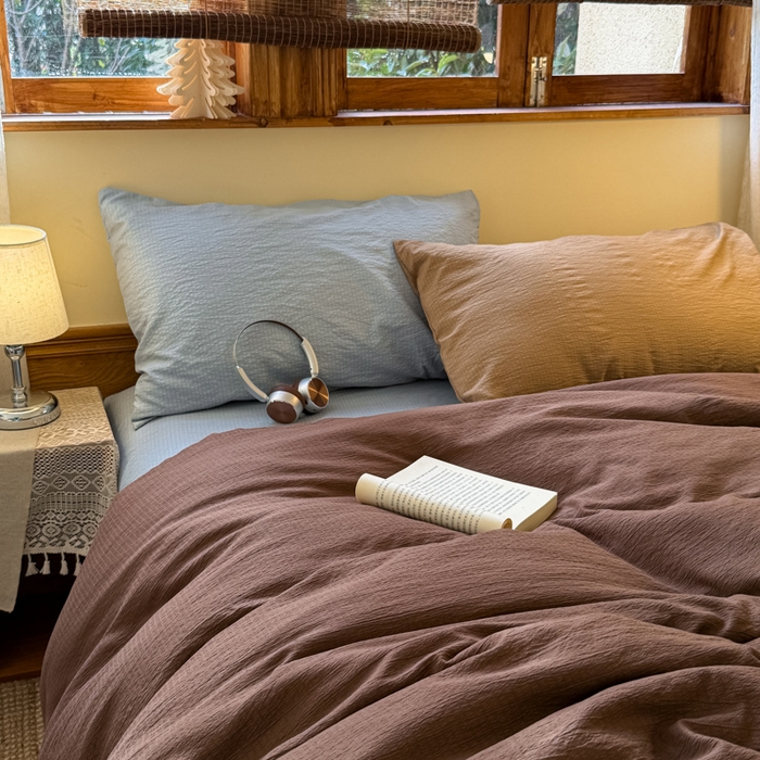 91家纺网 家纺一手货源 找家纺 港岛妹妹 2026新款云感纱混搭纯色双拼四件套 混搭 夏日栗色