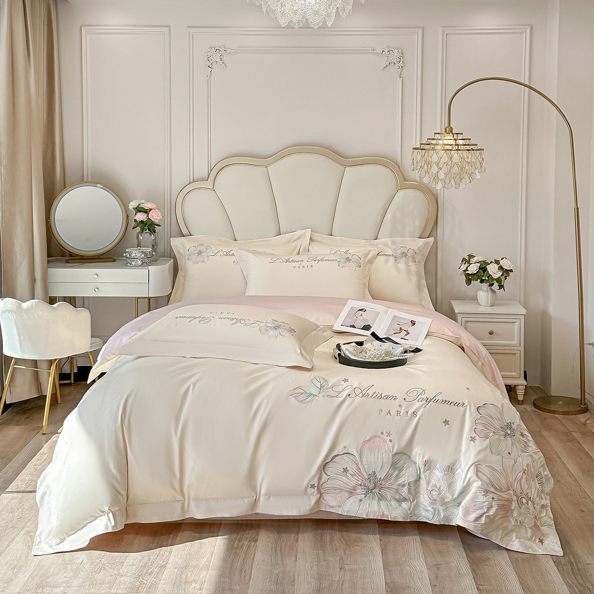 91家纺网 家纺一手货源 找家纺 置顶家纺 2026新款花汐子亲肤刺绣小清新四件套 花汐子-白+粉