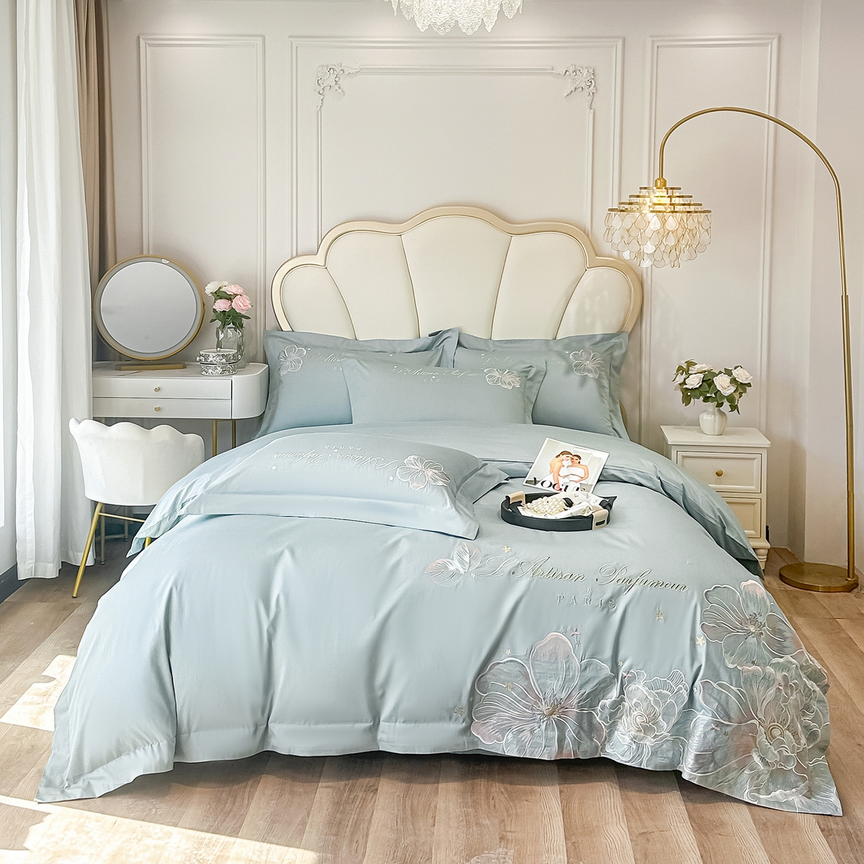 置顶家纺 2026新款花汐子亲肤刺绣小清新四件套 花汐子-繁星蓝