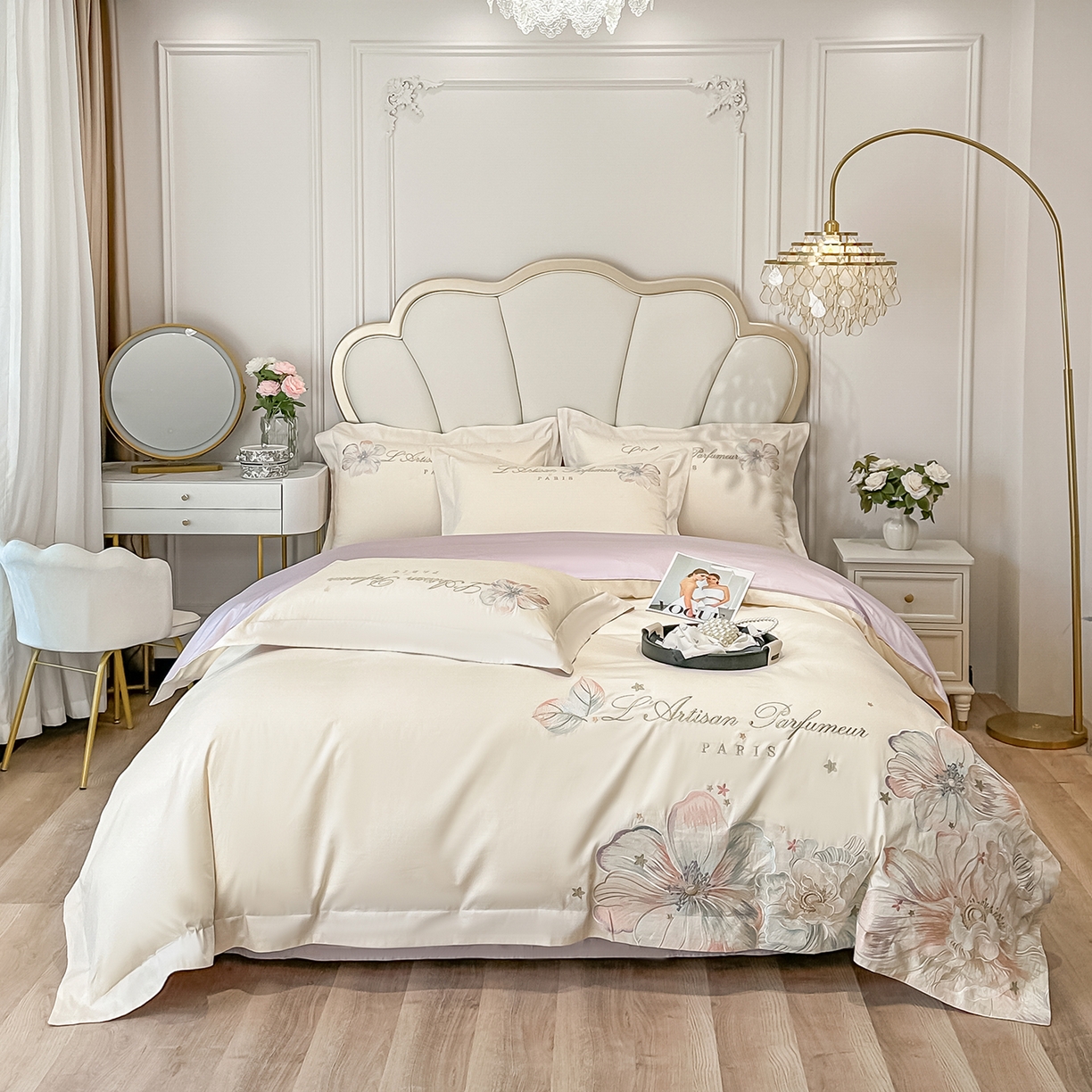 置顶家纺 2026新款花汐子亲肤刺绣小清新四件套 花汐子-白+香芋紫