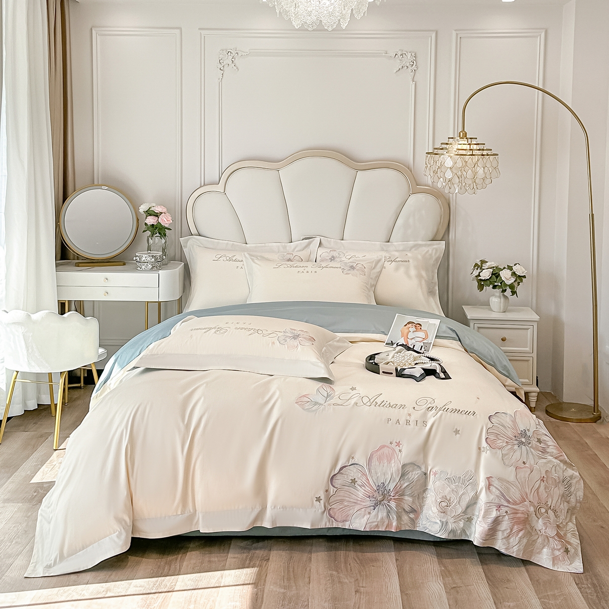 置顶家纺 2026新款花汐子亲肤刺绣小清新四件套 花汐子-白+繁星蓝