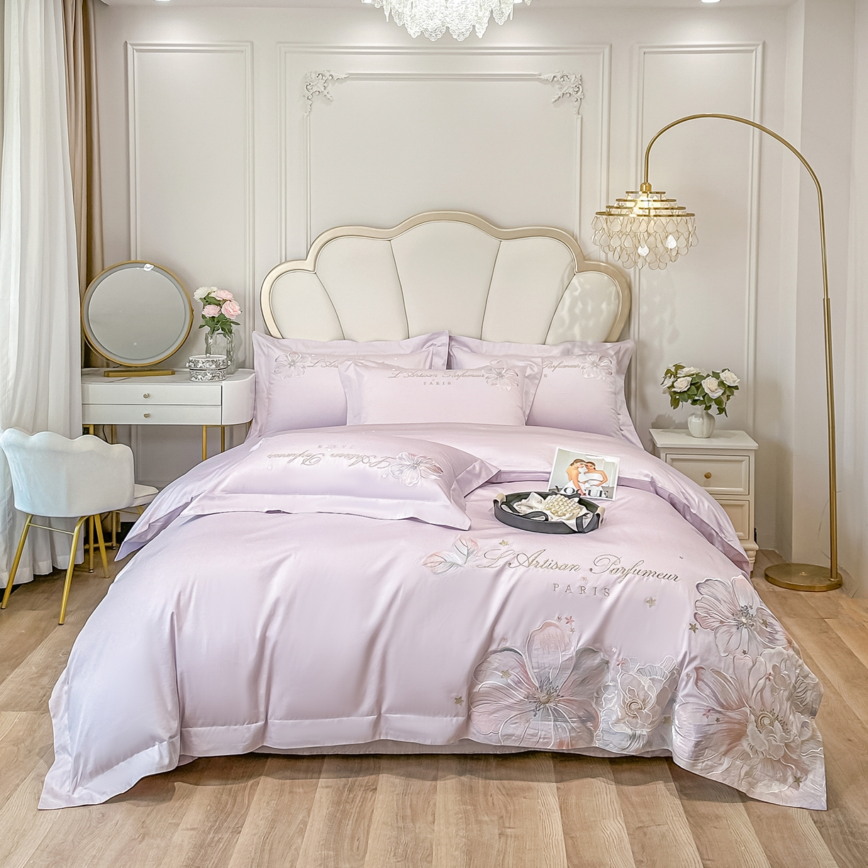 置顶家纺 2026新款花汐子亲肤刺绣小清新四件套 花汐子-香芋紫