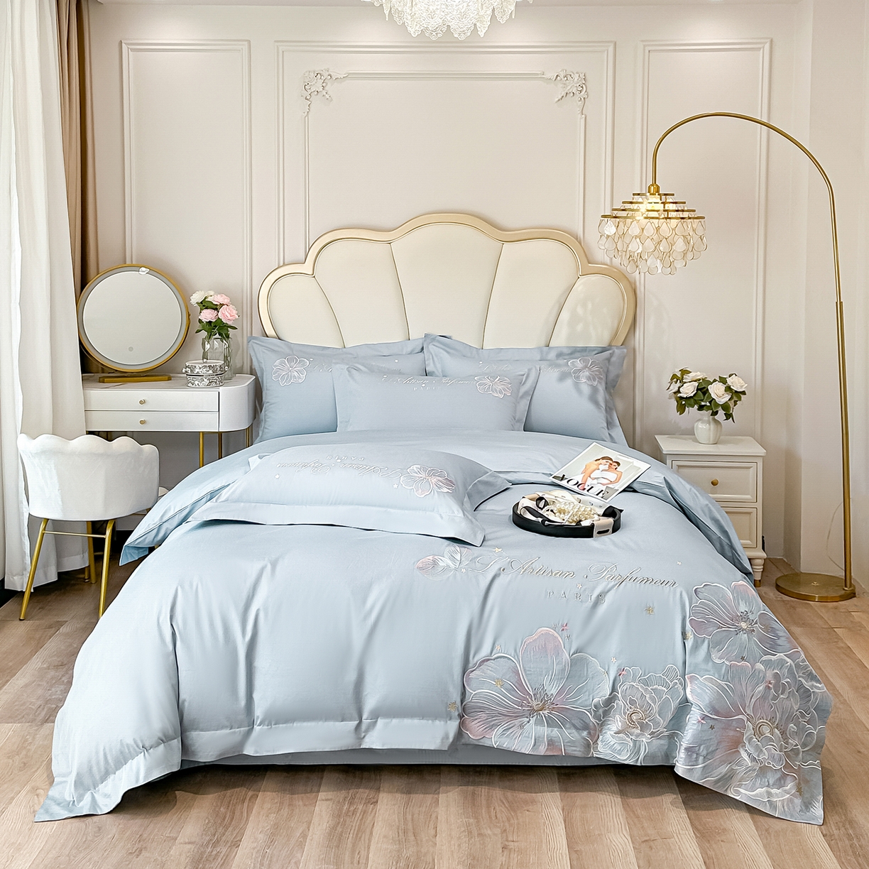 置顶家纺 2026新款花汐子亲肤刺绣小清新四件套 花汐子-天蓝