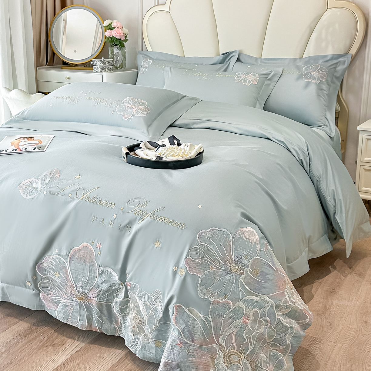 91家纺网 家纺一手货源 找家纺 置顶家纺 2026新款花汐子亲肤刺绣小清新四件套 花汐子-繁星蓝