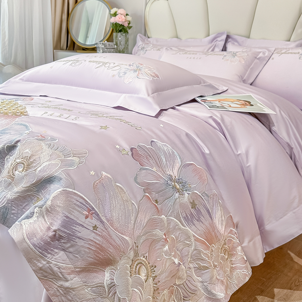 91家纺网 家纺一手货源 找家纺 置顶家纺 2026新款花汐子亲肤刺绣小清新四件套 花汐子-香芋紫