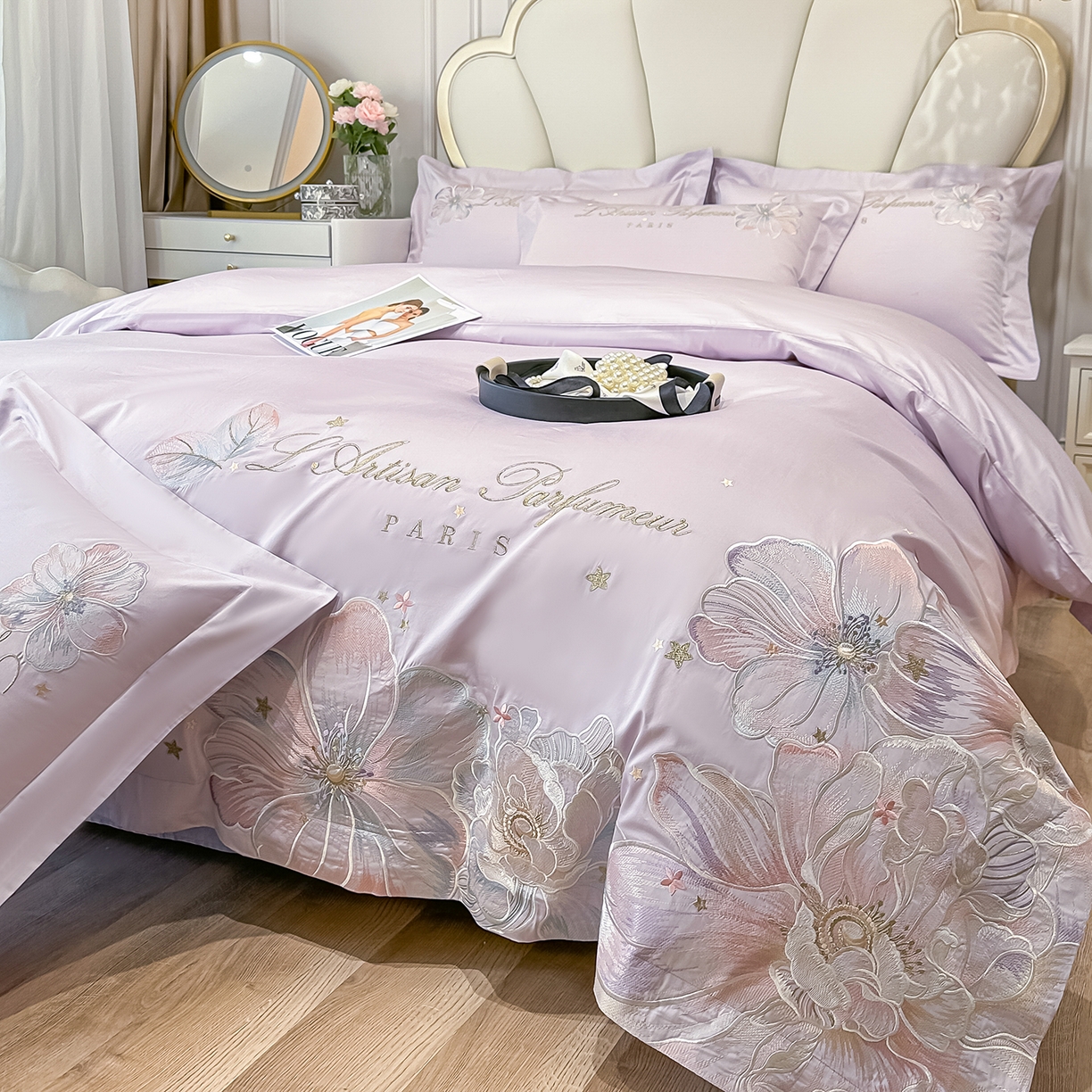 91家纺网 家纺一手货源 找家纺 置顶家纺 2026新款花汐子亲肤刺绣小清新四件套 花汐子-香芋紫