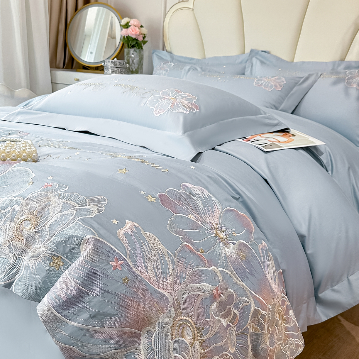 91家纺网 家纺一手货源 找家纺 置顶家纺 2026新款花汐子亲肤刺绣小清新四件套 花汐子-天蓝