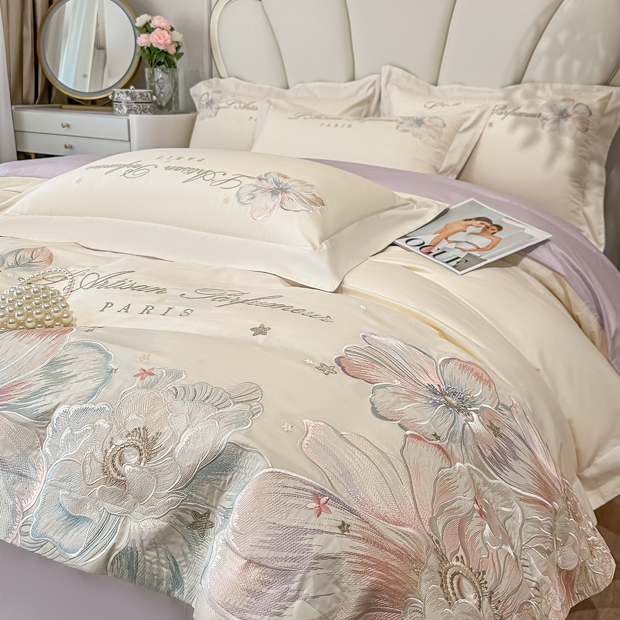 91家纺网 家纺一手货源 找家纺 置顶家纺 2026新款花汐子亲肤刺绣小清新四件套 花汐子-白+香芋紫