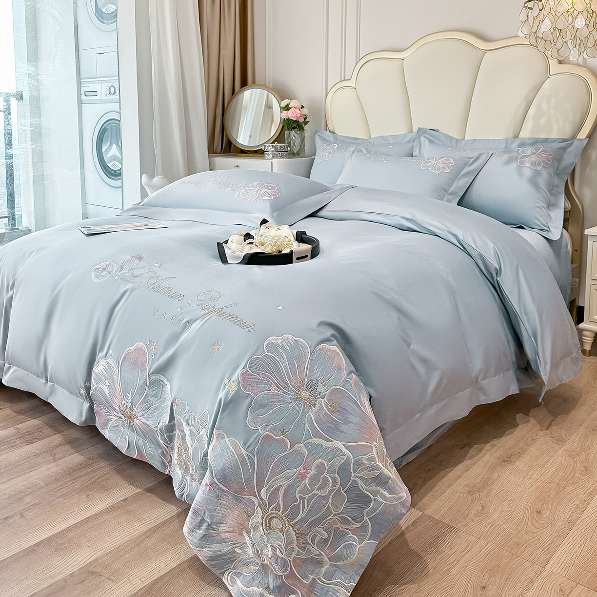 91家纺网 家纺一手货源 找家纺 置顶家纺 2026新款花汐子亲肤刺绣小清新四件套 花汐子-天蓝