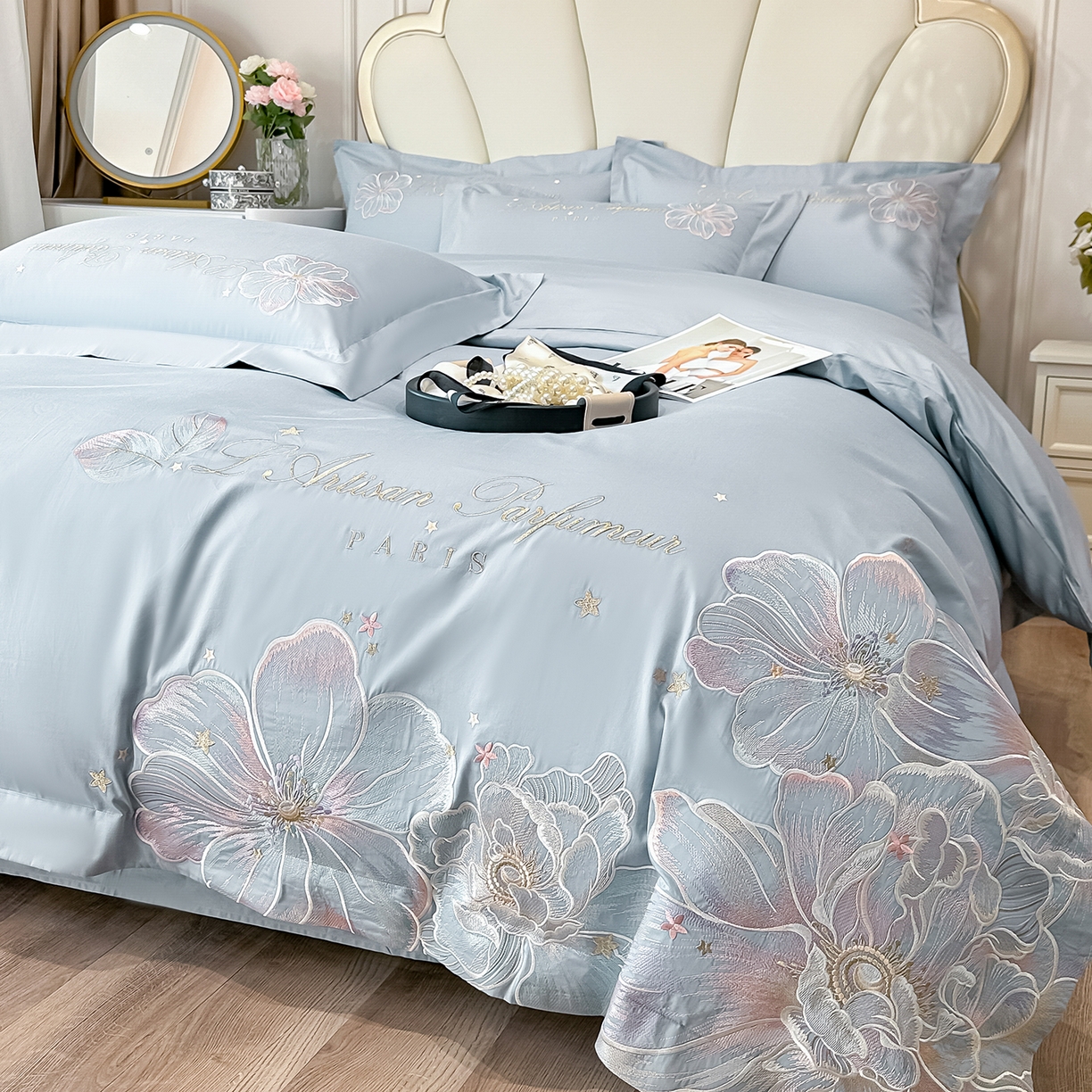 91家纺网 家纺一手货源 找家纺 置顶家纺 2026新款花汐子亲肤刺绣小清新四件套 花汐子-天蓝