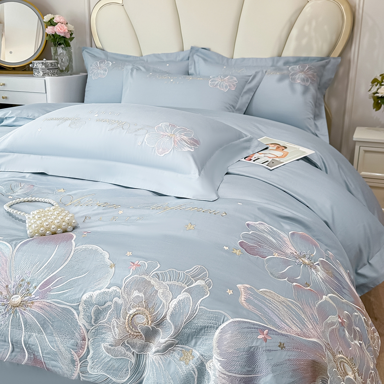 91家纺网 家纺一手货源 找家纺 置顶家纺 2026新款花汐子亲肤刺绣小清新四件套 花汐子-天蓝