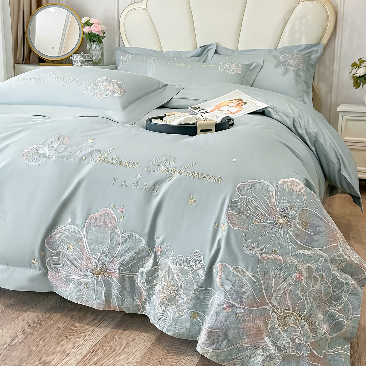 91家纺网 家纺一手货源 找家纺 置顶家纺 2026新款花汐子亲肤刺绣小清新四件套 花汐子-繁星蓝