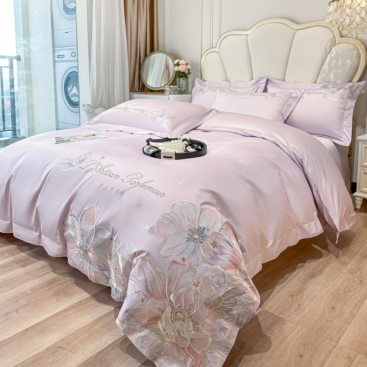 91家纺网 家纺一手货源 找家纺 置顶家纺 2026新款花汐子亲肤刺绣小清新四件套 花汐子-香芋紫