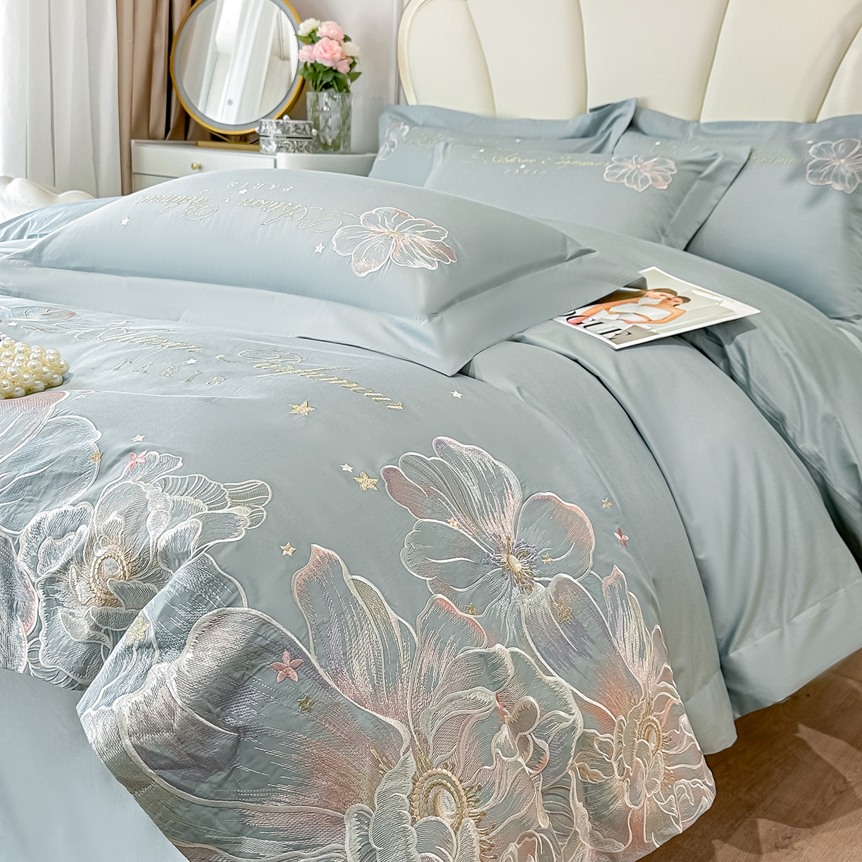 91家纺网 家纺一手货源 找家纺 置顶家纺 2026新款花汐子亲肤刺绣小清新四件套 花汐子-繁星蓝