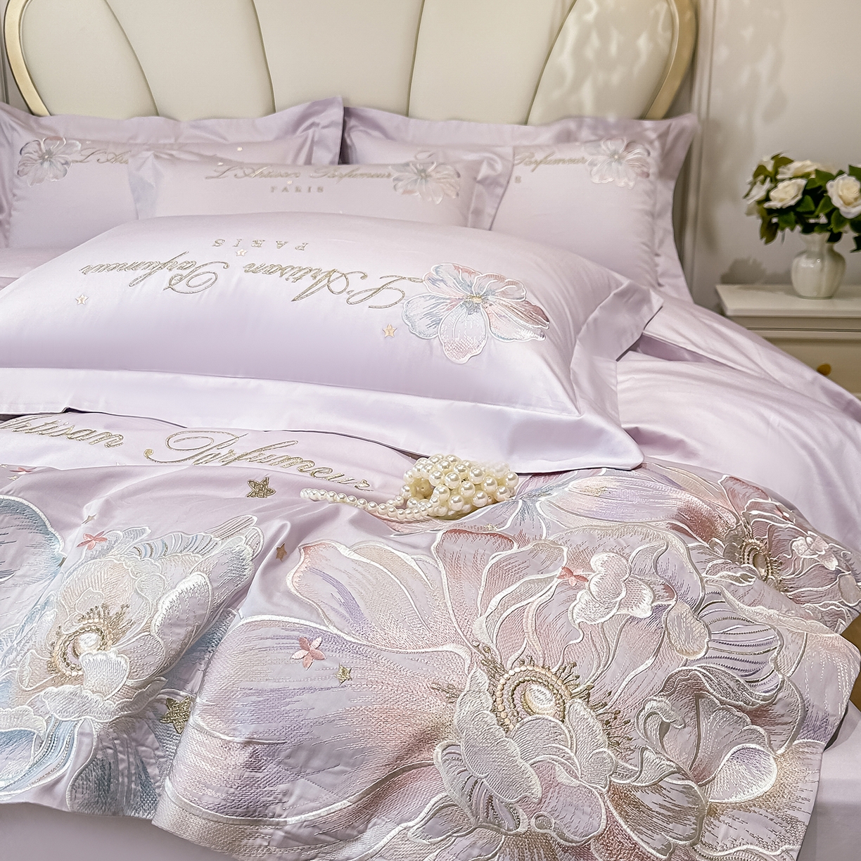 91家纺网 家纺一手货源 找家纺 置顶家纺 2026新款花汐子亲肤刺绣小清新四件套 花汐子-香芋紫