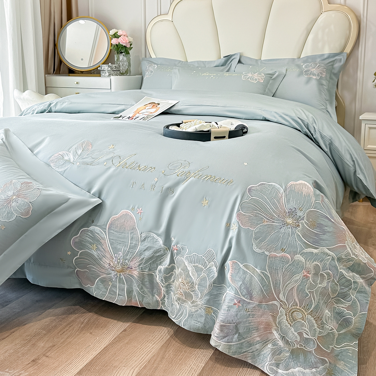 91家纺网 家纺一手货源 找家纺 置顶家纺 2026新款花汐子亲肤刺绣小清新四件套 花汐子-繁星蓝