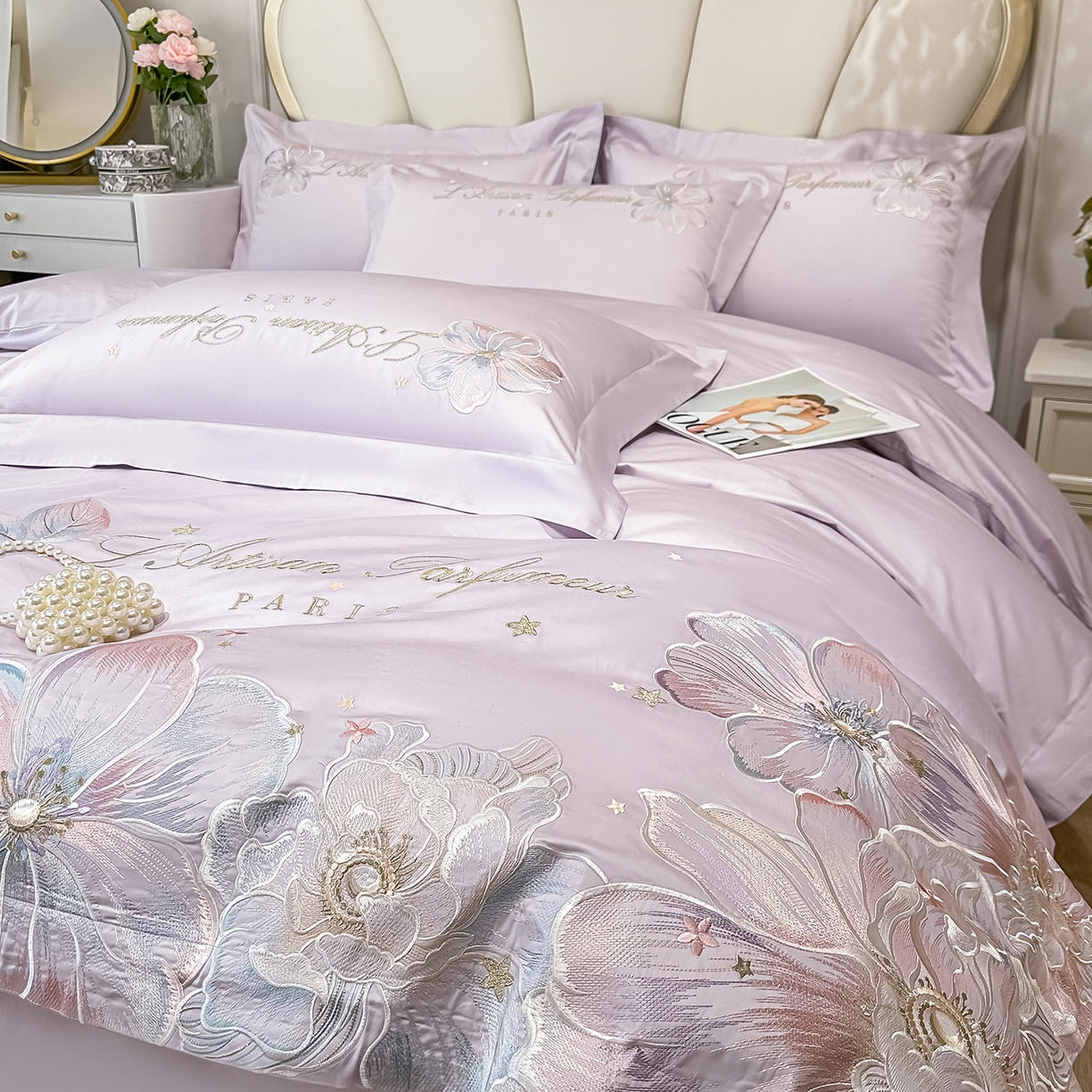 91家纺网 家纺一手货源 找家纺 置顶家纺 2026新款花汐子亲肤刺绣小清新四件套 花汐子-香芋紫