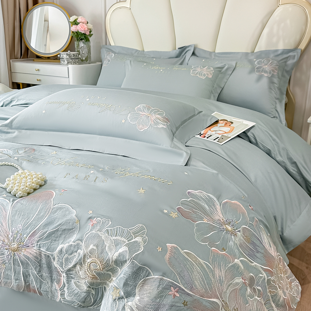 91家纺网 家纺一手货源 找家纺 置顶家纺 2026新款花汐子亲肤刺绣小清新四件套 花汐子-繁星蓝