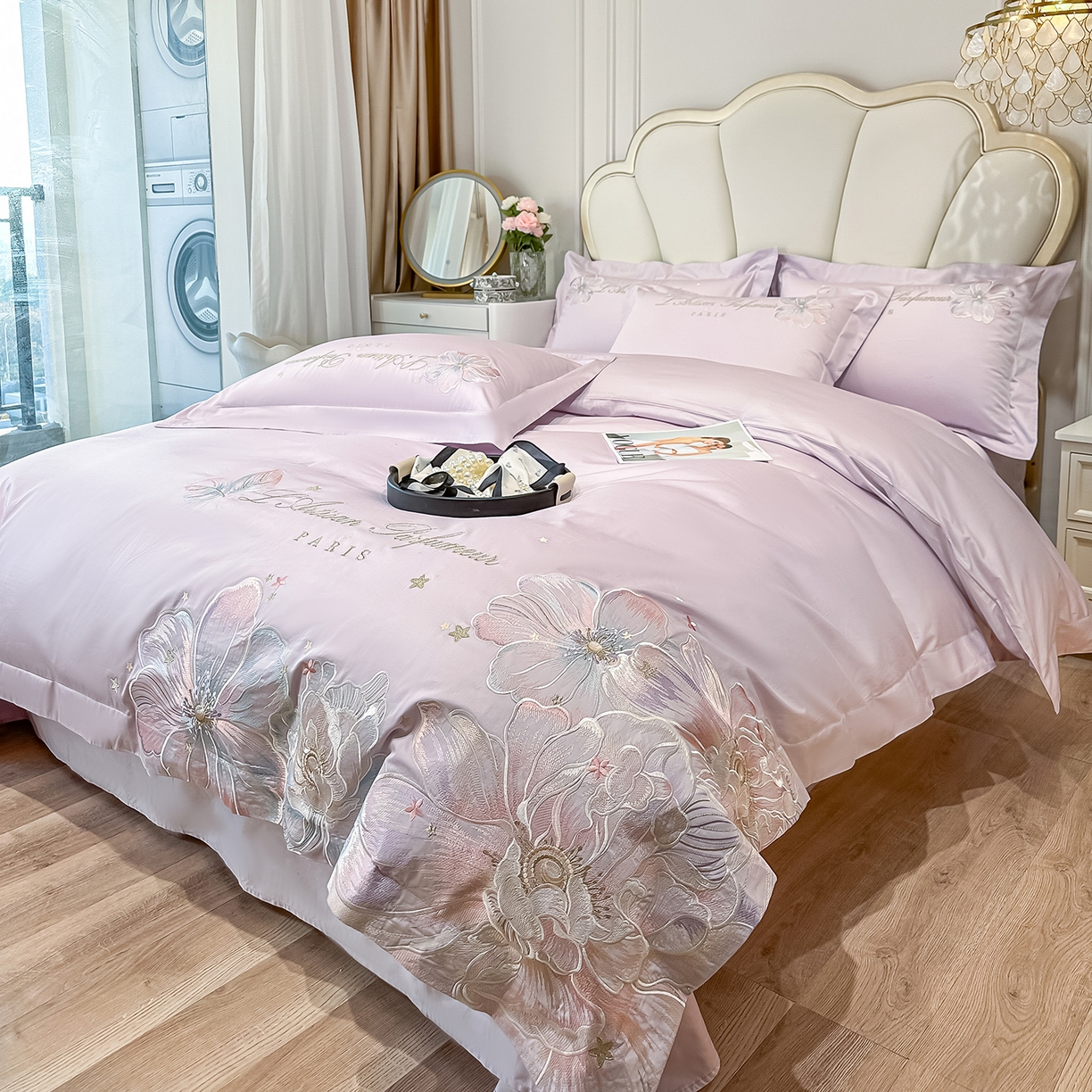 91家纺网 家纺一手货源 找家纺 置顶家纺 2026新款花汐子亲肤刺绣小清新四件套 花汐子-香芋紫