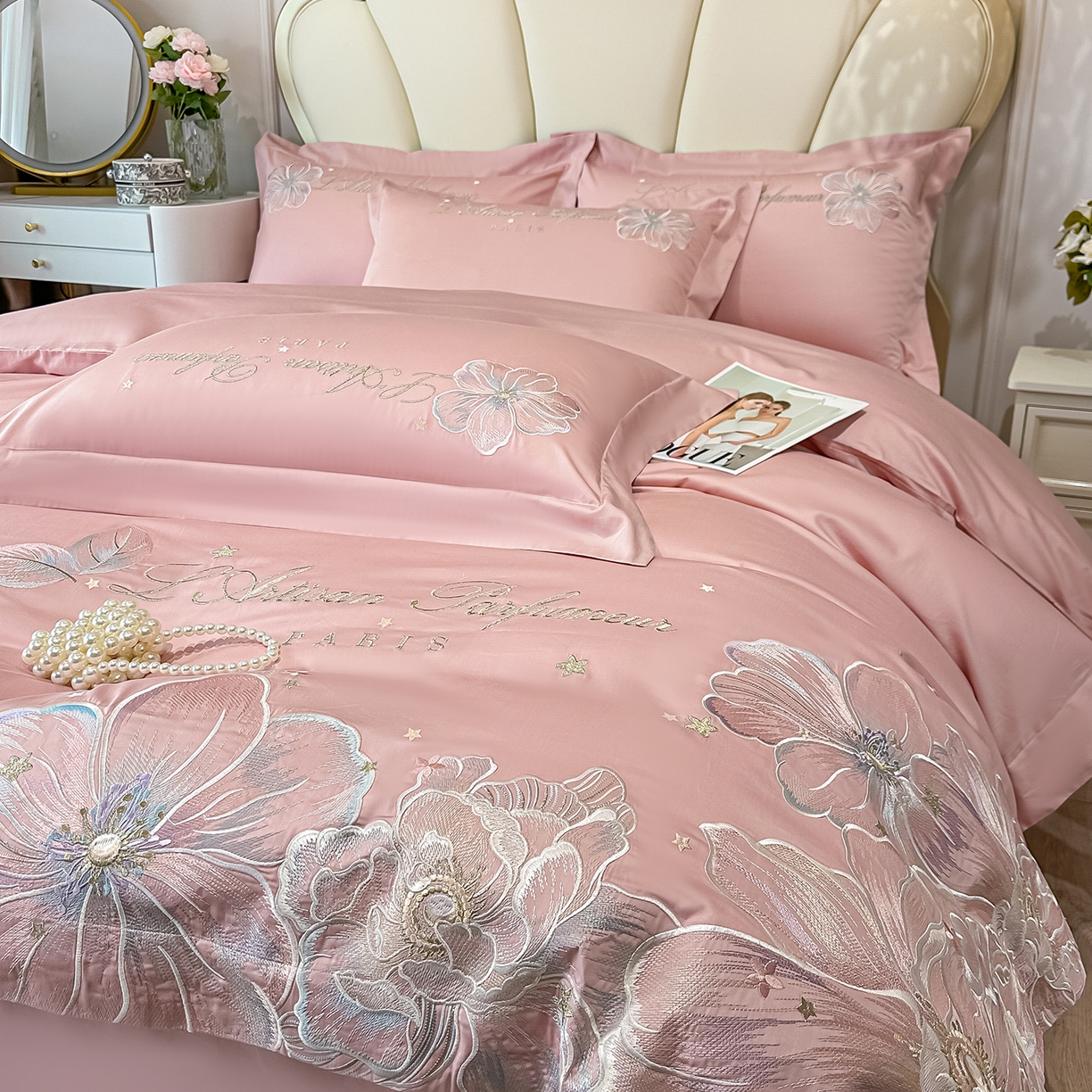 91家纺网 家纺一手货源 找家纺 置顶家纺 2026新款花汐子亲肤刺绣小清新四件套 花汐子-豆沙