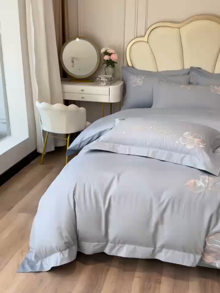 91家纺网 家纺一手货源 找家纺 置顶家纺 2026新款花汐子亲肤刺绣小清新四件套 花汐子-天蓝