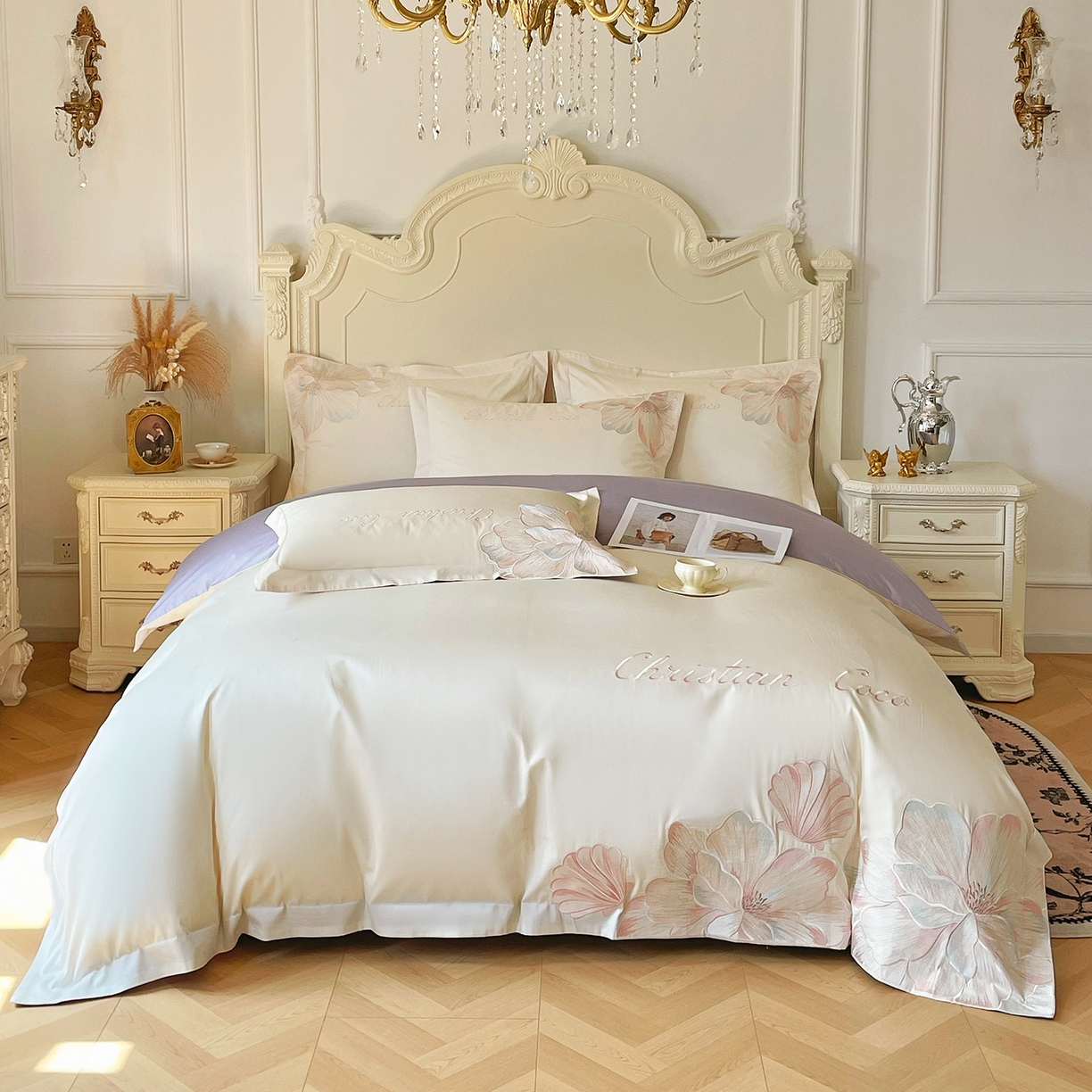 置顶家纺 2026新款亲肤绣花-COCO小姐亲肤棉系列四件套 COCO小姐-奶白+香芋紫