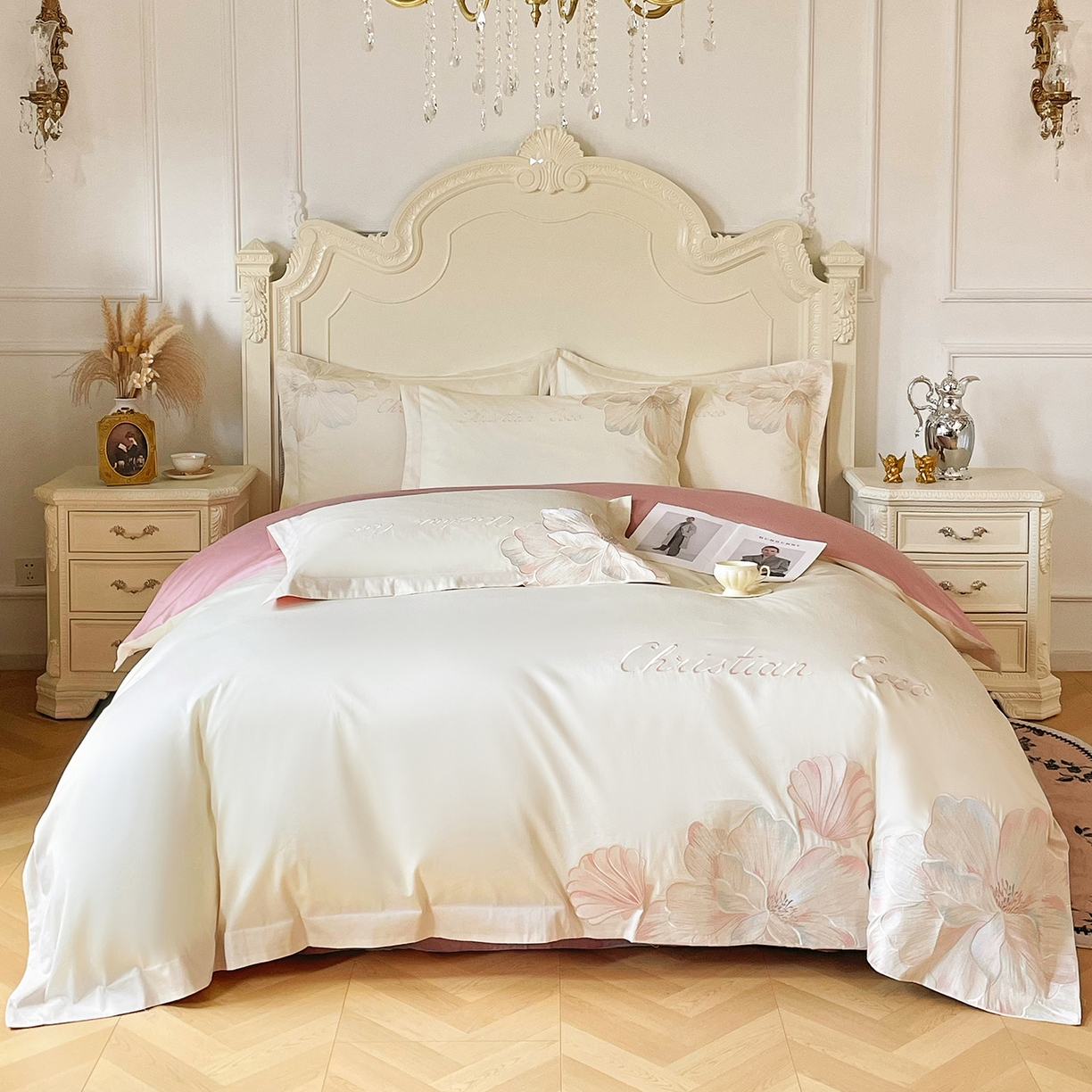 置顶家纺 2026新款亲肤绣花-COCO小姐亲肤棉系列四件套 COCO小姐-奶白+豆沙