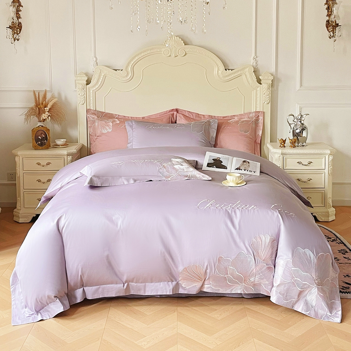 置顶家纺 2026新款亲肤绣花-COCO小姐亲肤棉系列四件套 COCO小姐-香芋紫