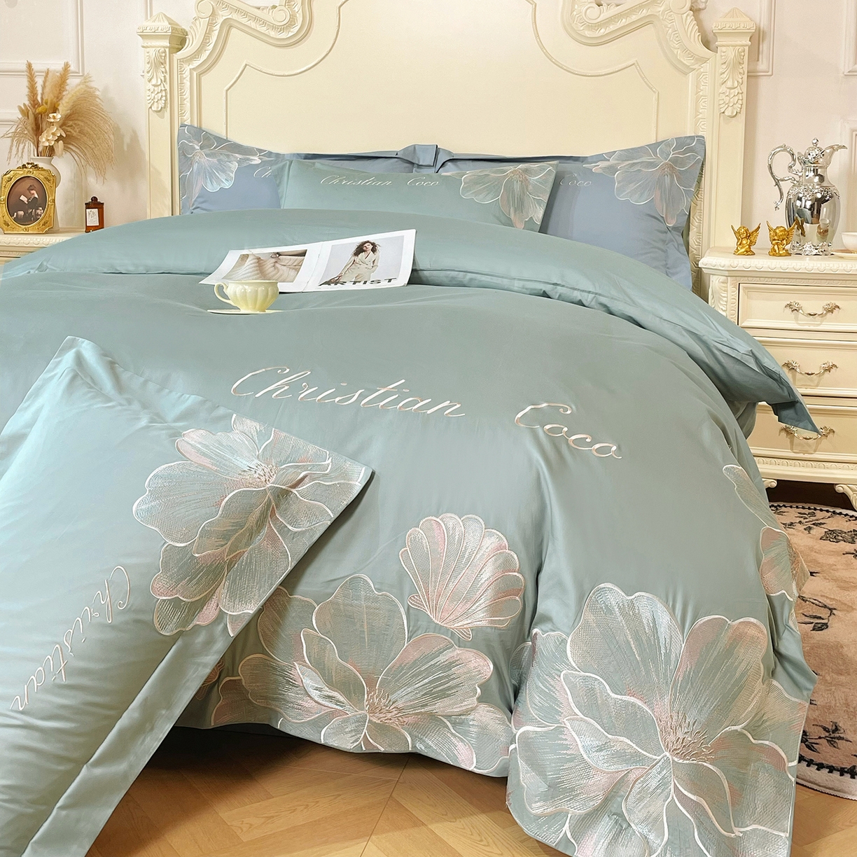 91家纺网 家纺一手货源 找家纺 置顶家纺 2026新款亲肤绣花-COCO小姐亲肤棉系列四件套 COCO小姐-繁星蓝