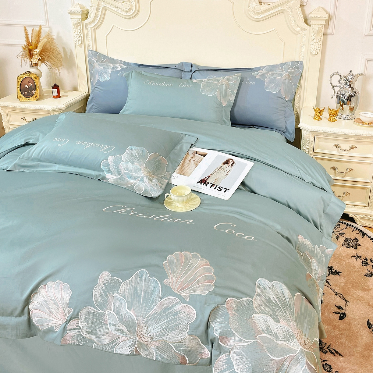 91家纺网 家纺一手货源 找家纺 置顶家纺 2026新款亲肤绣花-COCO小姐亲肤棉系列四件套 COCO小姐-繁星蓝