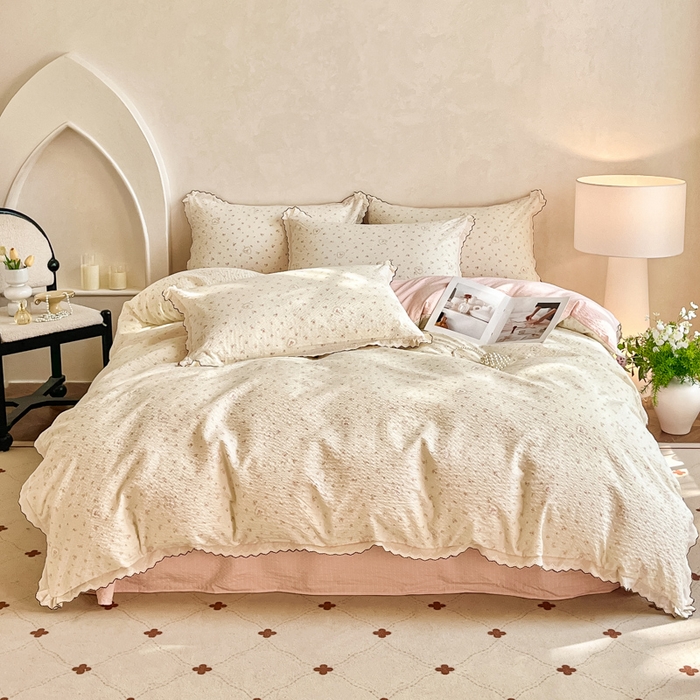 91家纺网 家纺一手货源 找家纺 （总）尚美 2026新款M泡芙棉床单全棉绣花小花韩版四件套