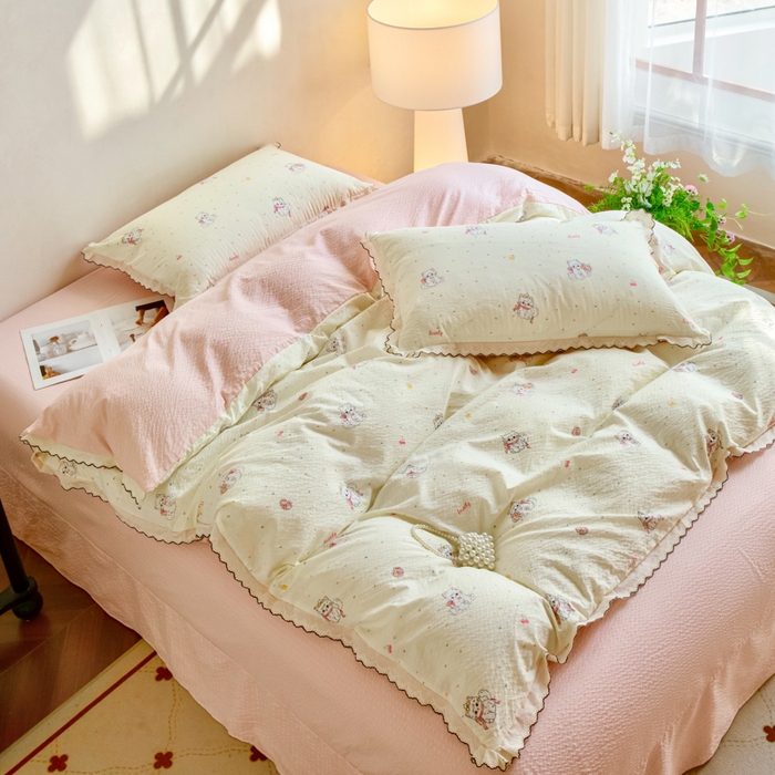 91家纺网 家纺一手货源 找家纺 尚美 2026新款M泡芙棉床单全棉绣花小花韩版四件套 M猫世界