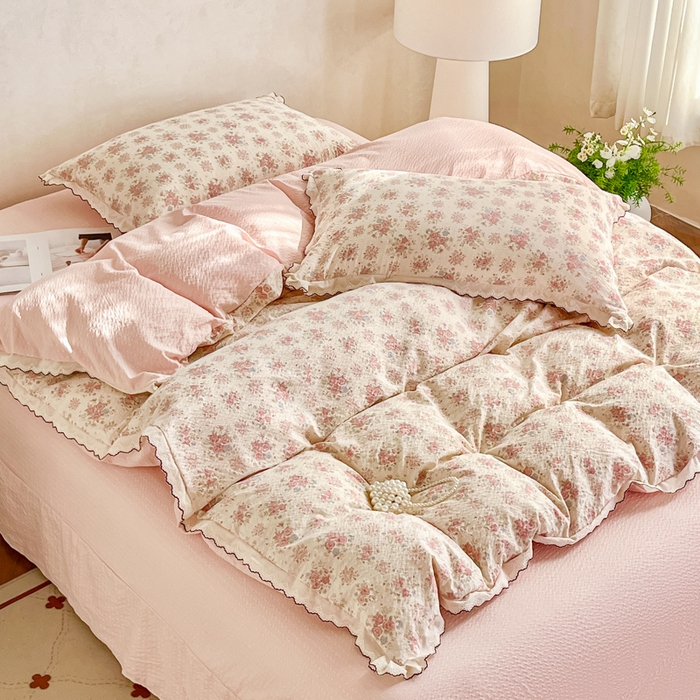 91家纺网 家纺一手货源 找家纺 尚美 2026新款M泡芙棉床单全棉绣花小花韩版四件套 M槐花落