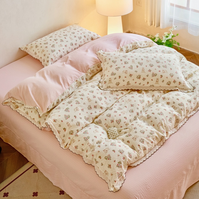 91家纺网 家纺一手货源 找家纺 尚美 2026新款M泡芙棉床单全棉绣花小花韩版四件套 M幸福兔园