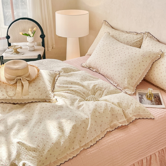 91家纺网 家纺一手货源 找家纺 尚美 2026新款M泡芙棉床单全棉绣花小花韩版四件套 M爱情花