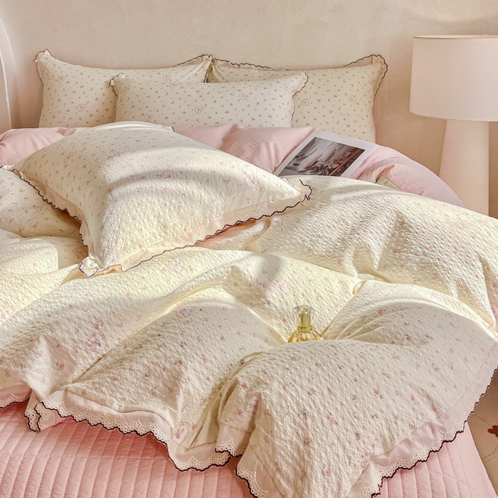 91家纺网 家纺一手货源 找家纺 尚美 2026新款M泡芙棉床单全棉绣花小花韩版四件套 M爱情花