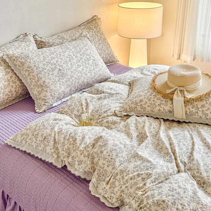 91家纺网 家纺一手货源 找家纺 尚美 2026新款M泡芙棉床单全棉绣花小花韩版四件套 M紫薇花季