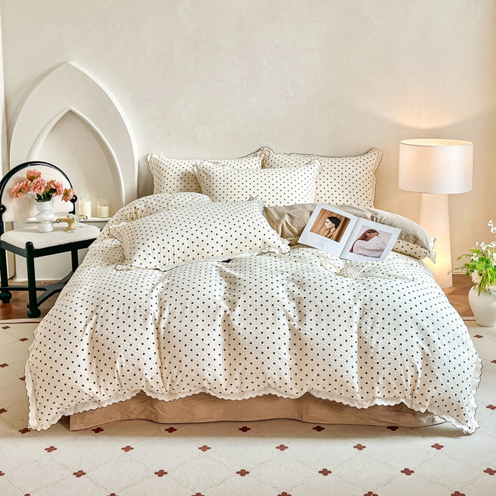 91家纺网 家纺一手货源 找家纺 尚美 2026新款M泡芙棉床单全棉绣花小花韩版四件套 M米波点