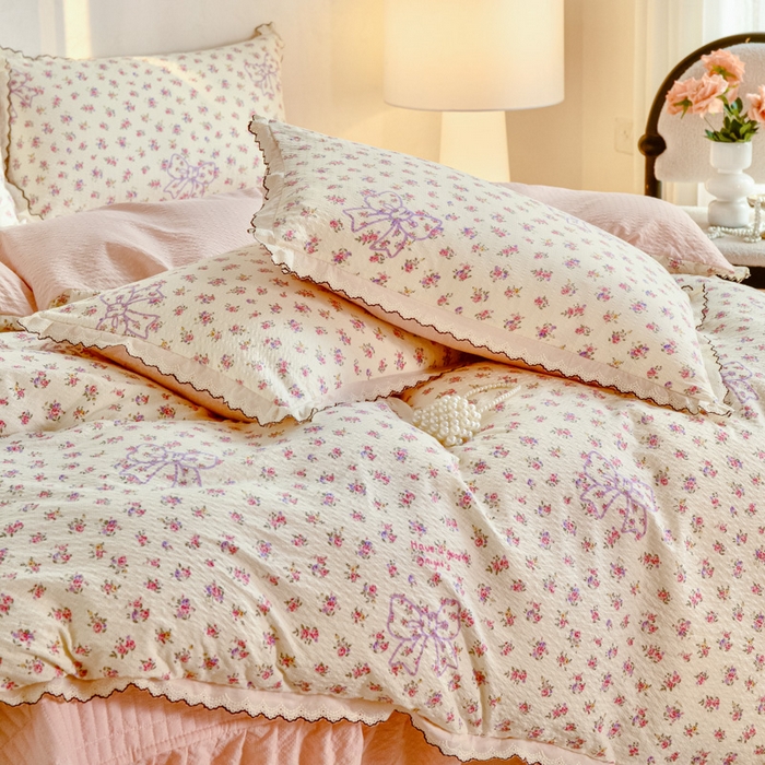 91家纺网 家纺一手货源 找家纺 尚美 2026新款M泡芙棉床单全棉绣花小花韩版四件套 M蝴蝶结