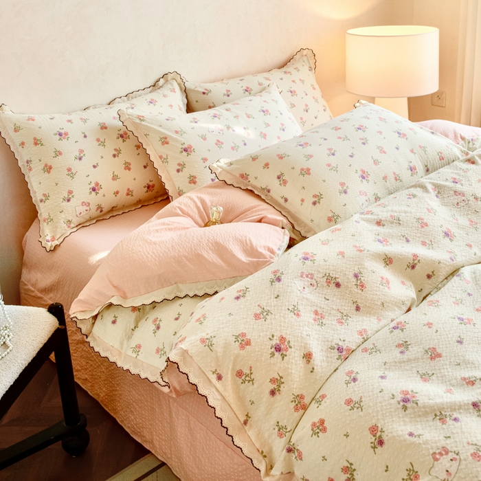 91家纺网 家纺一手货源 找家纺 尚美 2026新款M泡芙棉床单全棉绣花小花韩版四件套 M花絮猫咪