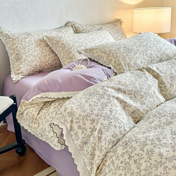 91家纺网 家纺一手货源 找家纺 尚美 2026新款M泡芙棉床单全棉绣花小花韩版四件套 M紫薇花季