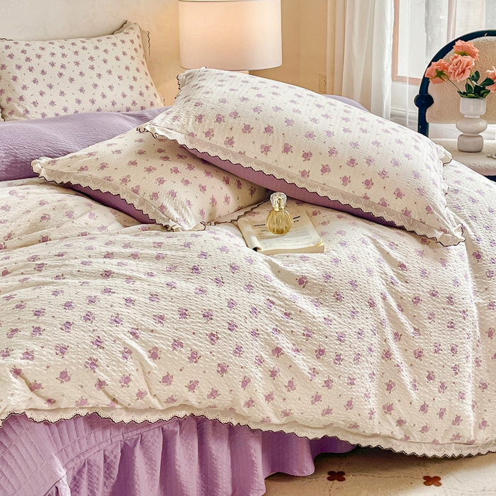 91家纺网 家纺一手货源 找家纺 尚美 2026新款M泡芙棉床单全棉绣花小花韩版四件套 M紫玫瑰