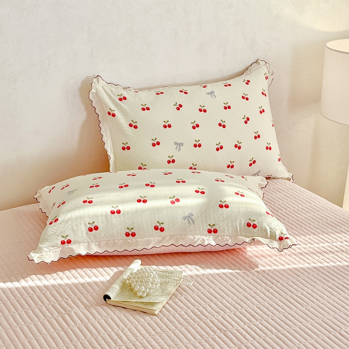 91家纺网 家纺一手货源 找家纺 尚美 2026新款M泡芙棉床单全棉绣花小花韩版四件套 M樱桃红