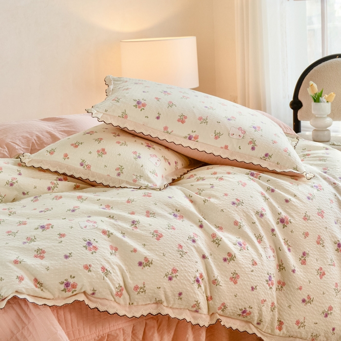 91家纺网 家纺一手货源 找家纺 尚美 2026新款M泡芙棉床单全棉绣花小花韩版四件套 M花絮猫咪