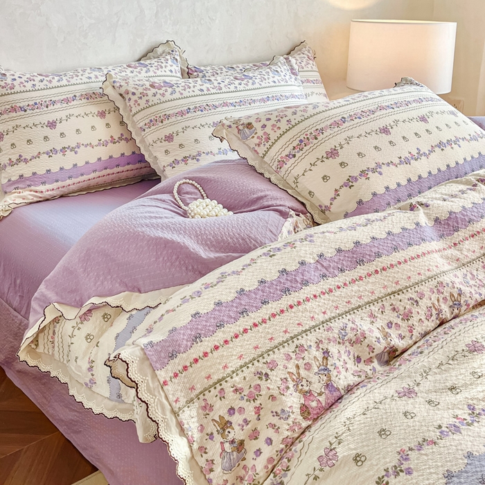 91家纺网 家纺一手货源 找家纺 尚美 2026新款M泡芙棉床单全棉绣花小花韩版四件套 M紫色天空