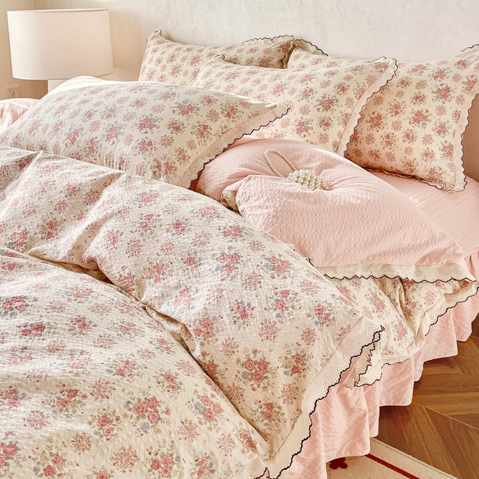 91家纺网 家纺一手货源 找家纺 尚美 2026新款M泡芙棉床单全棉绣花小花韩版四件套 M槐花落